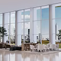 Bright Modern Hotel Public Lounge With Large Windows City View Green Plants And Comfortable Sofas