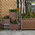 Decorative Wooden Garden Planters With Various Plants Different Sizes And Stone Accents