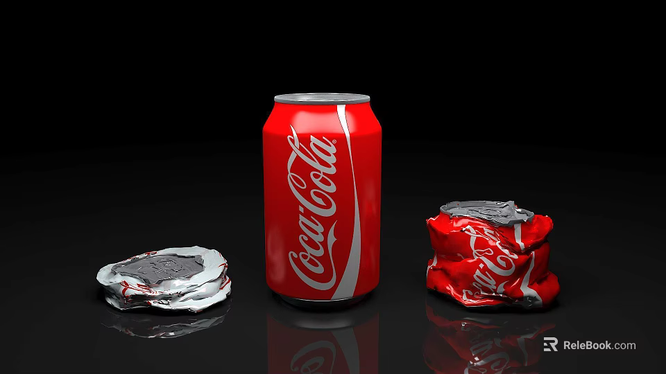 Red Coca-Cola Beverage with Intact Can and Crushed Aluminum Cans 3d model 