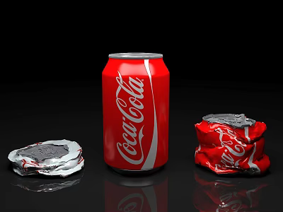 Red Coca-Cola Beverage with Intact Can and Crushed Aluminum Cans 3d model