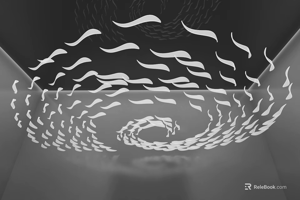 Black and White Ceiling Decoration Featuring White Curved Ribbons In Spiral Arrangement Dynamic Art Installation 3d model 