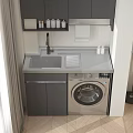 Home Balcony Interior With Dark Gray Cabinets Washing Machine Faucet Sink And Curtains