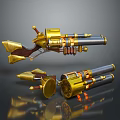 Golden Futuristic Mechanical Weapon With Barrel Gear Decorative Parts And Metallic Structure