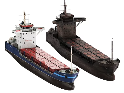 Modern And Vintage Cargo Ships With Container Decks And Masts 3d model