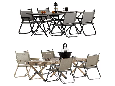 Outdoor Folding Table and Chairs Black and Beige with Fire Pit for Patio Garden Use 3d model