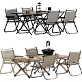 Outdoor Folding Table and Chairs Black and Beige with Fire Pit for Patio Garden Use
