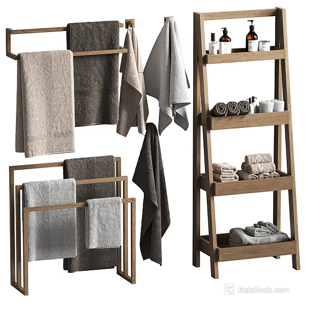 Wooden Ladder And Foldable Bathroom Storage Racks With Towels And Accessories 3d model 