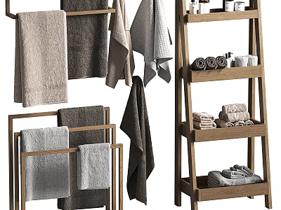 Wooden Ladder And Foldable Bathroom Storage Racks With Towels And Accessories 3d model