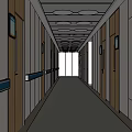 Modern Elevator Hallway With White And Wooden Walls Blue Handrails And Grey Speckled Floor