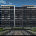 Modern High Rise Residential Building With Gray White Exterior And Green Landscaping