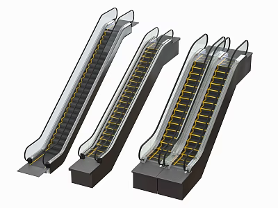 Modern Escalators With Transparent Glass Railings Yellow Steps And Black Frames 3d model