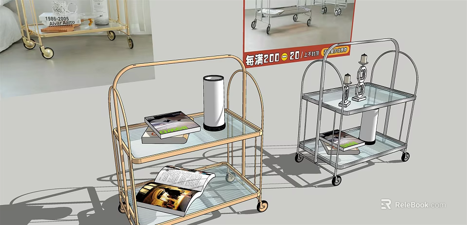 Modern Rolling Cart With Glass Shelves Metal Frame And Wheels For Home Use 3d model 