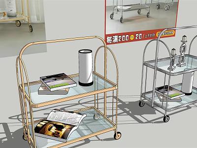 Modern Rolling Cart With Glass Shelves Metal Frame And Wheels For Home Use 3d model