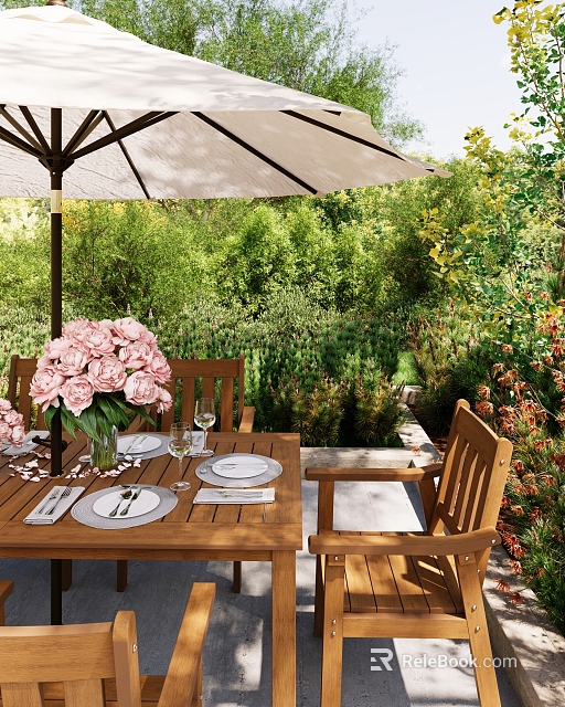 Outdoor Wooden Table and Chair Set with Pink Flowers Umbrella and Lush Greenery in Garden 3d model 