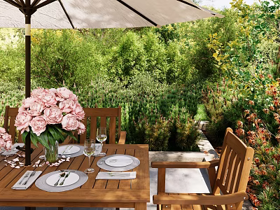 Outdoor Wooden Table and Chair Set with Pink Flowers Umbrella and Lush Greenery in Garden 3d model