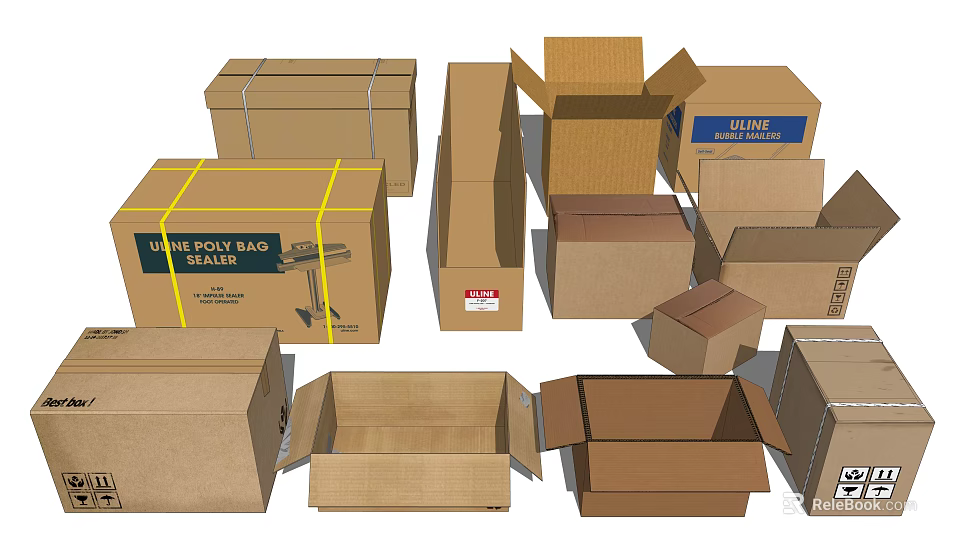 Cardboard Boxes In Various Sizes With Open And Closed Lids For Packaging 3d model 
