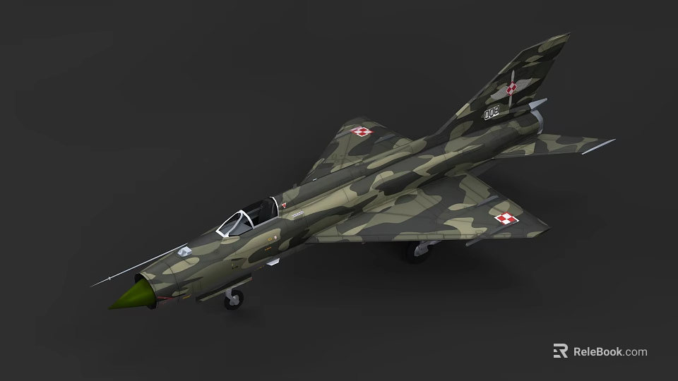 Military Fighter Jet with Camouflage Paint Green Nose and Red Wing Emblems 3d model 