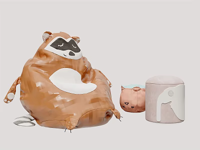 Cute Brown Raccoon Shaped Bean Bag Chair with Small Pink Storage Ottoman 3d model