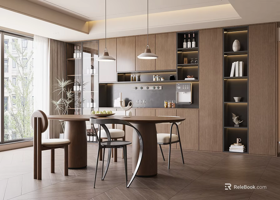 Modern Restaurant Interior With Open Kitchen Dining Table Chairs Pendant Lights And Cabinets 3d model 