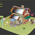 Building Blocks Toy House With Colorful Roof Blue White Striped Awning Tree Mushrooms and Pumpkins