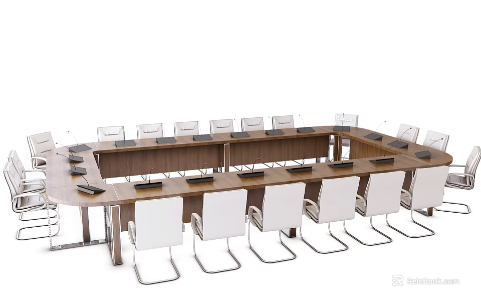 Modern Wooden Conference Table With White Chairs In Meeting Room Setup 3d model 