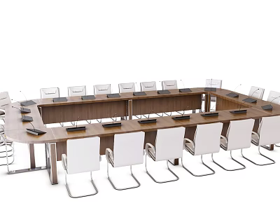 Modern Wooden Conference Table With White Chairs In Meeting Room Setup 3d model