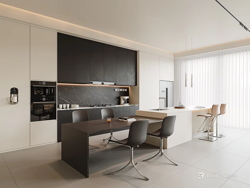 Modern Restaurant Kitchen With Open Layout Black White Cabinets And Marble Island 3d model 