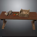 Rustic Wooden Table With Clay Jars Red Berries Nuts And Bread Crate