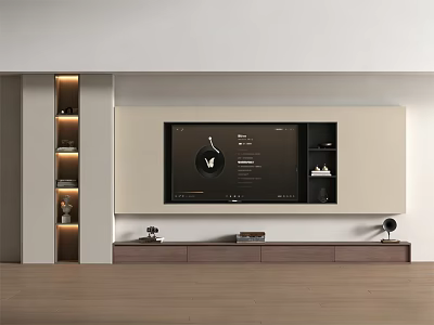 Modern Minimalist TV Background Wall with Built-in Screen Side Cabinet Lighting and Wooden Stand 3d model
