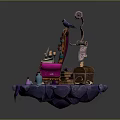 Ornate Enchanted Purple Armchair With Raven Open Book Scrolls And Floating Platform