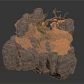 Scenic Landscape Featuring Irregular Gray Rocks Withered Tree With Exposed Roots And Gravel