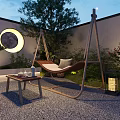 Outdoor Hanging Swing Chair with Cushion in Garden Patio with Side Table and Lantern