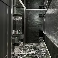 Modern Luxury Public Restroom Interior Design With Double Washbasins Marble Counter And Mirrored Walls