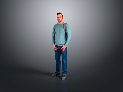 Man Wearing Blue Sweater And Jeans Carrying Backpack Standing Against Gray Background 3d model