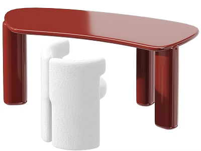 Red Curved Home Office Desk With Glossy Surface And White Chair 3d model