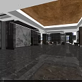Modern Elegant Hotel Lobby With Red Accents Chandeliers Bar Counter Sofas Bookshelves And Marble Floor