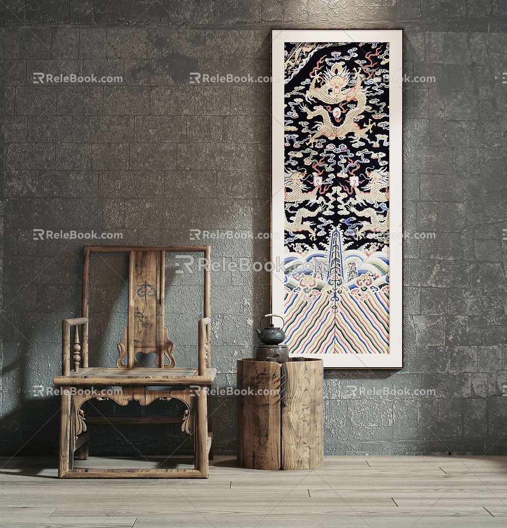 New Chinese Style Abstract Painting Chair Single Chair Side Table Decorative Painting Hanging Painting Leisure Chair Entrance Decoration Entrance Chair 3d model