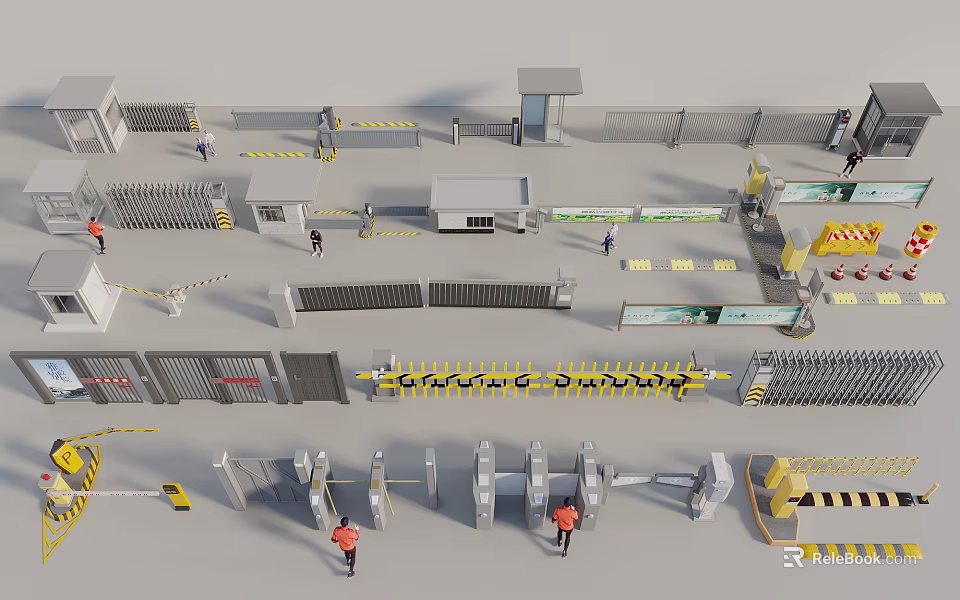 Public Facilities With Security Fences Access Control Gates Warning Tapes And Safety Signs 3d model 
