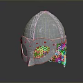 Silver Ancient Warrior Helmet With Metal Chainmail Decorative Details And Medieval Protective Design