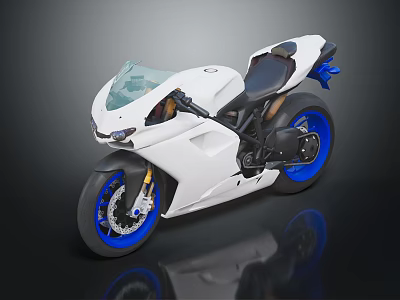 White Sporty Motorcycle With Blue Rims Black Seat And Modern Sleek Design 3d model