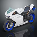White Sporty Motorcycle With Blue Rims Black Seat And Modern Sleek Design