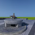 Garden Ornament With Circular Stone Base Stone Slab Flooring Under Blue Sky And Grassland