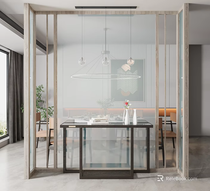 Modern Dining Room Glass Partition With Hanging Lights Dining Table And Plants 3d model 