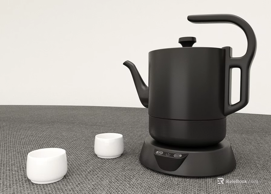 Modern Black Teaset Featuring Teapot Heating Base And Two White Cups 3d model 