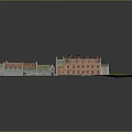 Cartoon Scenery Of Red Brick Building Model With Courtyard And Green Grass