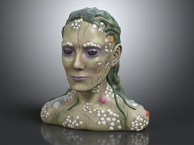 Mermaid Bust Sculpture With Green Seaweed Hair Starfish And Pearl Decorations 3d model