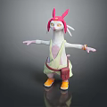 3D Anthropomorphic Cartoon Character With Pink Ears White Body Green Overalls Yellow Shoes And Bracelet