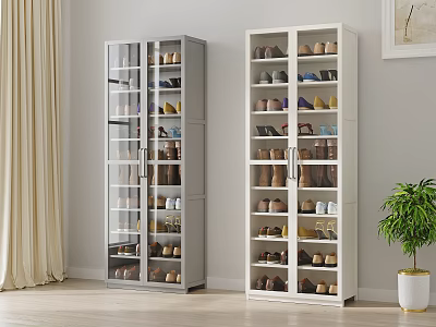 Modern Gray And White Shoe Cabinets With Glass Doors Storing Shoes In Bright Living Room 3d model