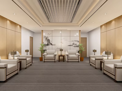Hotel Public Lounge With Modern Wooden Walls Comfortable Sofas Green Plants And Artwork 3d model