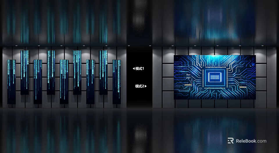 Modern Technology Background Wall With Blue LED Strips And Circuit Board 3d model